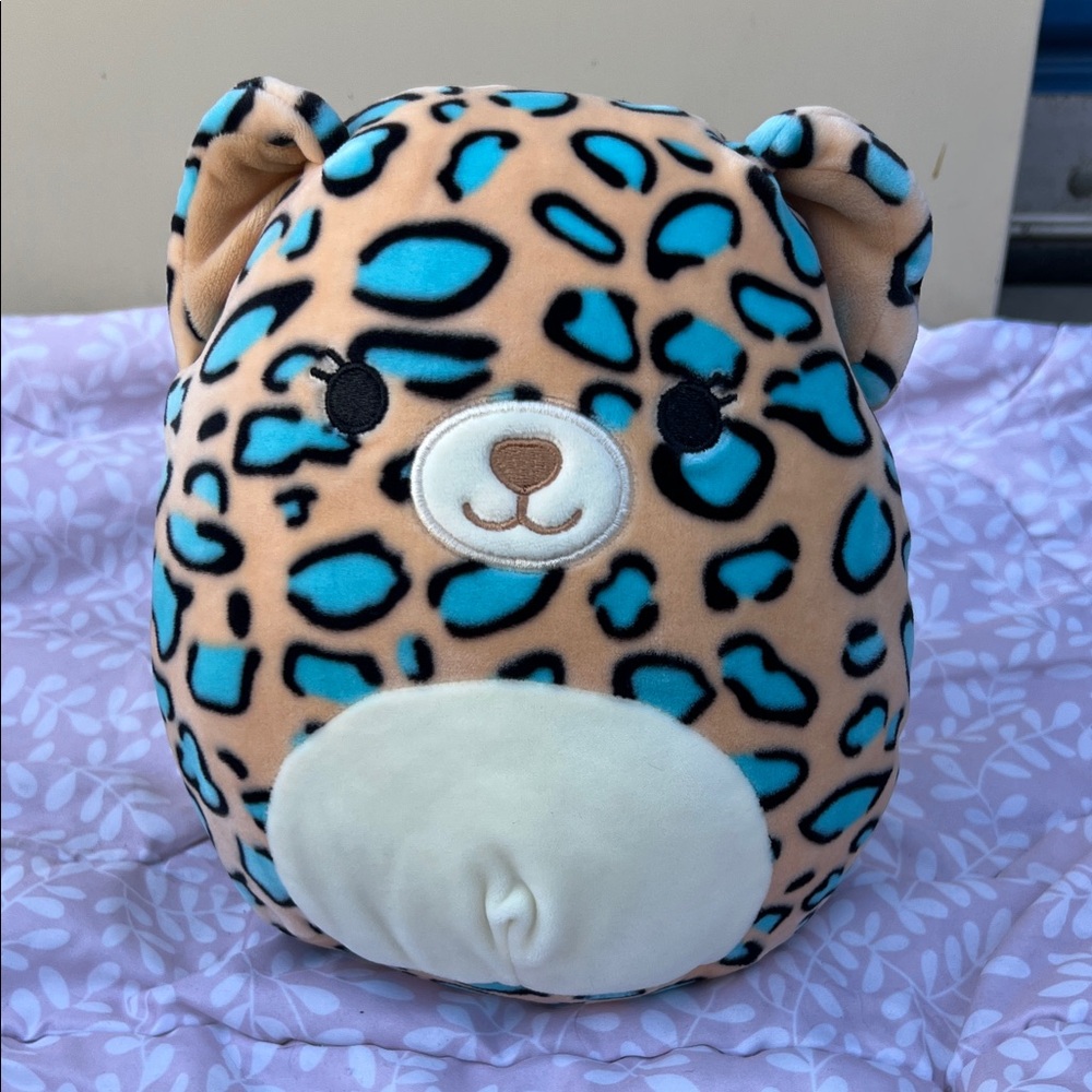 #59 squishmallow Leopard Print Plush Toy with Blue Accents